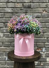 Цветочная композиция из Гипсофила и Розы в шляпной коробке в Кировский Астраханской области