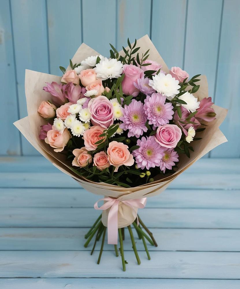 Букет цветов из: Хризантемы, Розы и Альстромерии в Кировский Астраханской области
