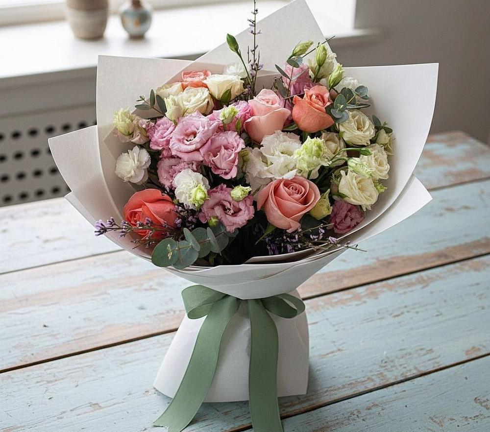 Букет цветов из: Розы, Лизиантусы и Гвоздики в Кировский Астраханской области