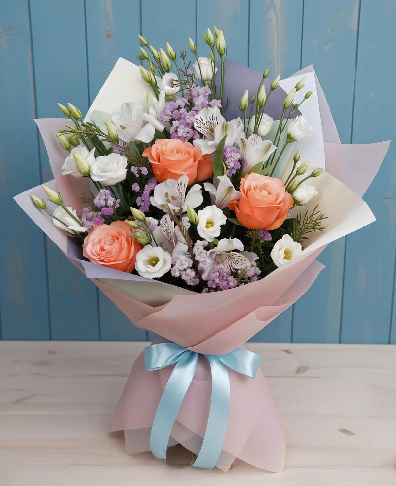 Букет цветов из: Лизиантусы, Розы, Альстромерии и Гипсофила в Кировский Астраханской области