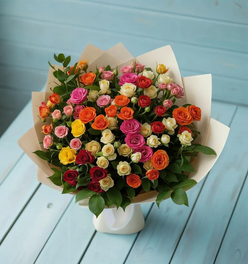 Букет Микс из разноцветных кустовых роз в Кировский Астраханской области