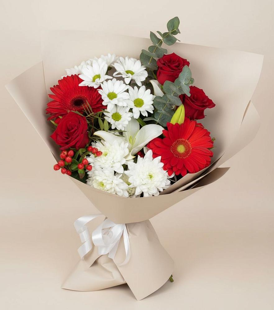 Букет цветов из: Розы, Хризантемы, Герберы и Лилии в Кировский Астраханской области