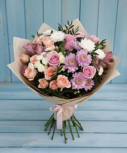 Букет цветов из:  Хризантемы, Розы и Альстромерии в Кировский Астраханской области