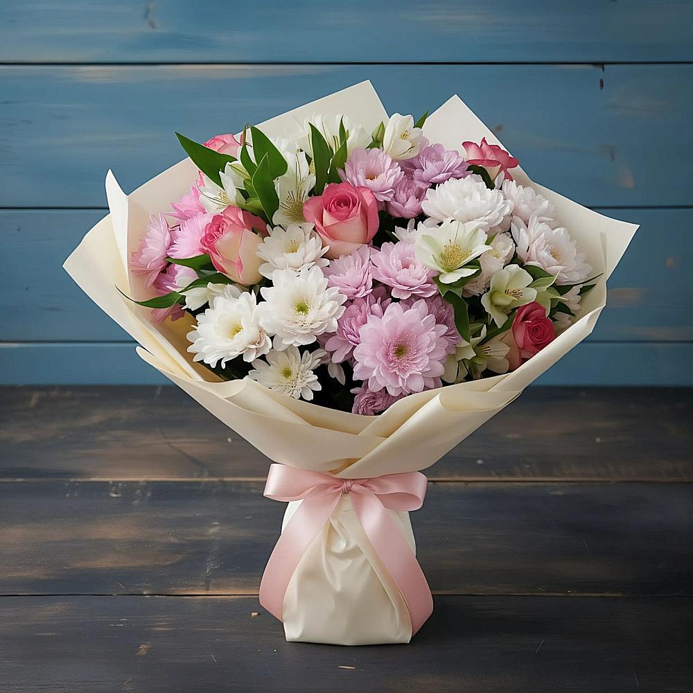 Букет цветов из: Хризантемы, Альстромерии и Розы в Кировский Астраханской области